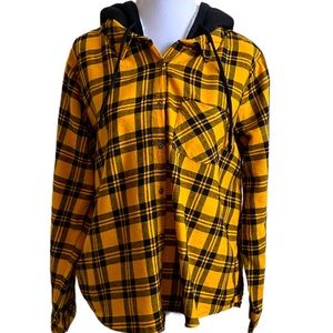 NWOT No Boundaries Sherpa Lined Hoodie Yellow & Black Plaid Flannel Top Size 3XG
